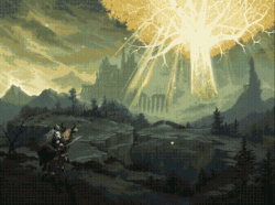 画师 Adam 绘制的像素版《艾尔登法环》启动界面。（via twi adamfergusonart）