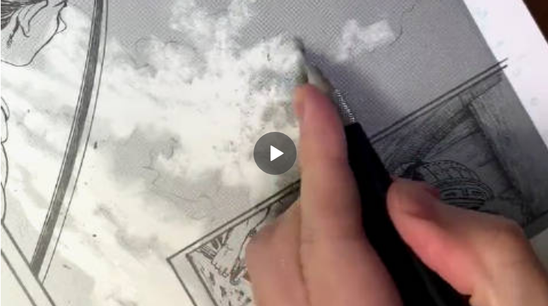 漫画家·松原利光 分享的一段视频，记录了自己如何在网点纸上削出云层的效果