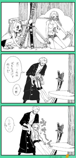 波妮：我拿上这剑肯定很酷 索隆：喂，这不是小孩子的玩具。。。。长大了？ 画师：tenteko_mm ​