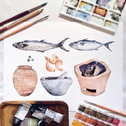 一组干净清新的水彩美食插画